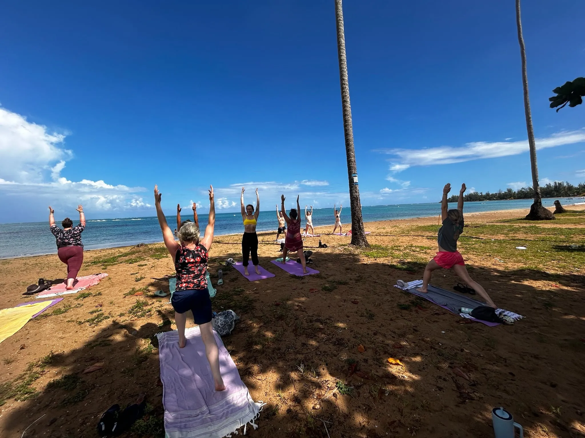 A group doing yoga with arms raised on a beach lined with palm trees